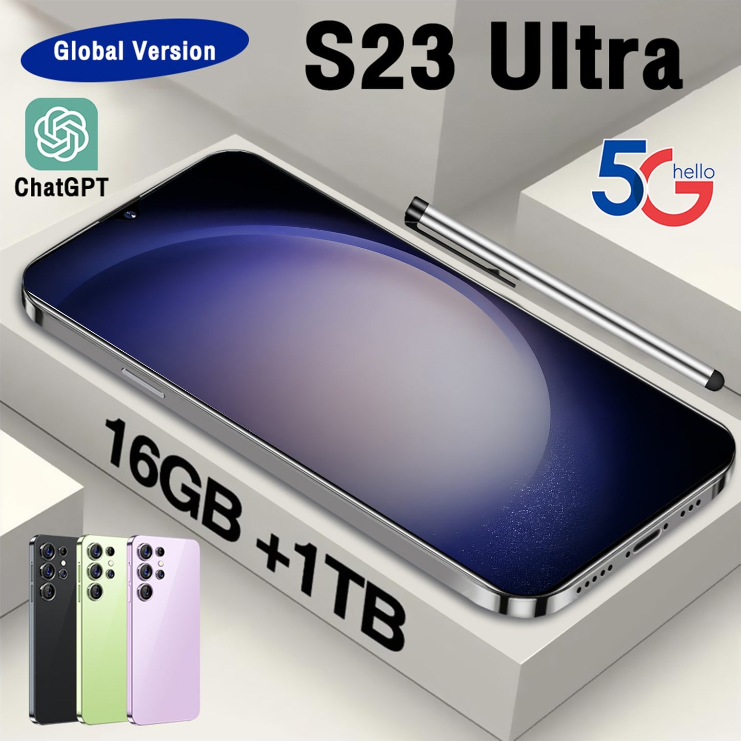 Global Version S23 Ultra Smartphone 16+1TB Full Screen Mobile Phone 7.3 Inch Cellphone 48MP+108MP Camera 7800mAh Android13